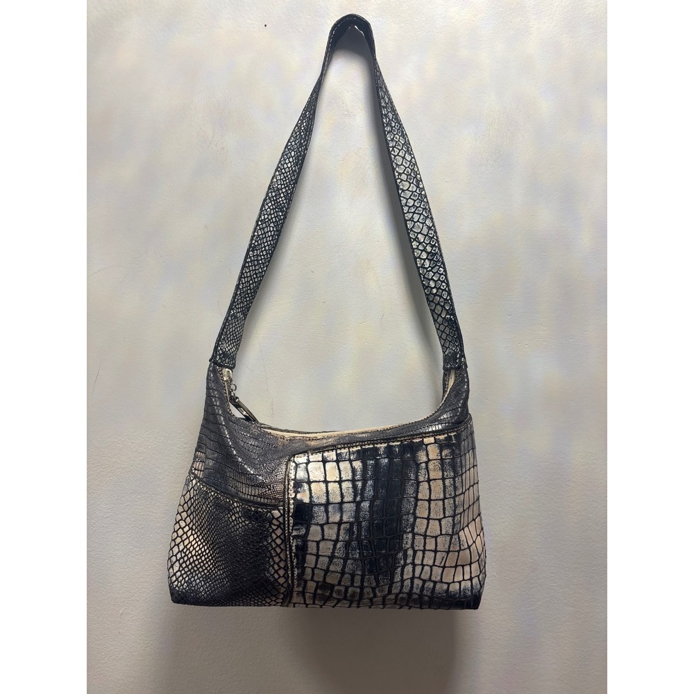 Pinky Shoulder Bag Womens Medium Black Cream Faux Snake Croc Hobo